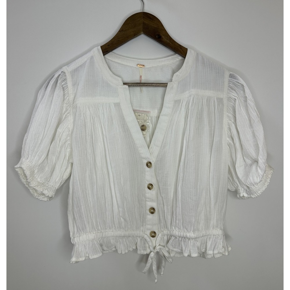 NEW Free People Little Cloud Button-Up Crop Top V-Neck Short Sleeve Sheer XS - Picture 2 of 14